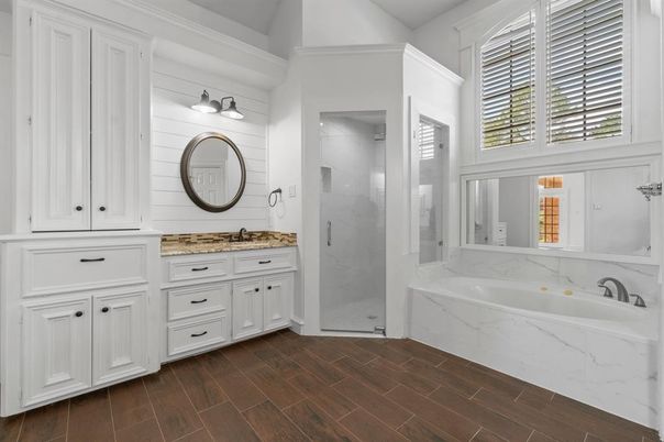 Bathroom, Interior, Marble Walls, Wood Texture Flooring