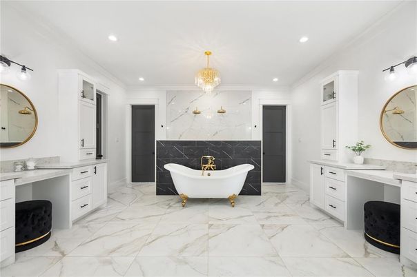 Bathroom, Chandelier, Free Standing Baths, Interior, Marble, Marble Walls, Recessed Lighting