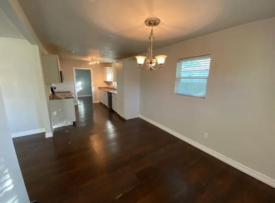 Chandelier, Empty room, Interior, Kitchen, Wood Texture Flooring