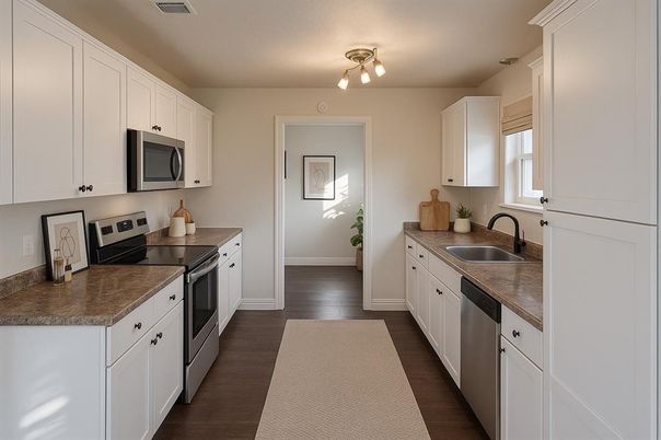 Interior, Kitchen, Stainless Steel Appliances, Wood Texture Flooring