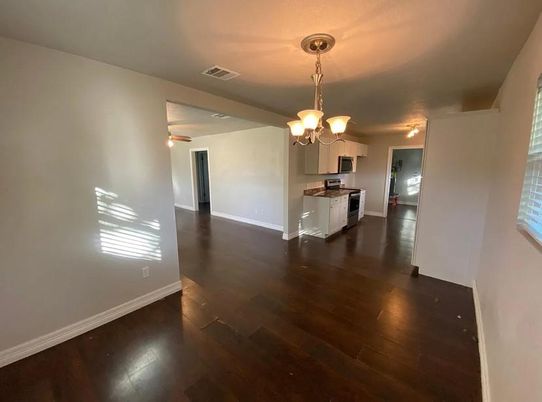 Chandelier, Empty room, Interior, Kitchen, Wood Texture Flooring