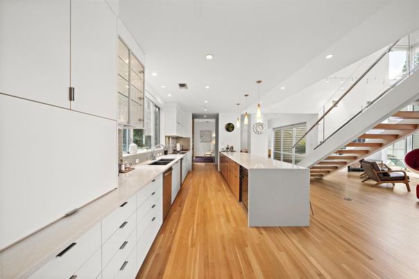 Interior, Kitchen, Pendant Lights, Recessed Lighting, Stainless Steel Appliances, Wood Texture Flooring
