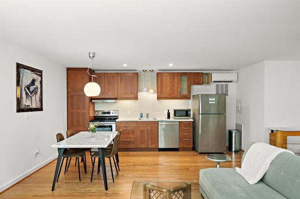 Dining room, Interior, Kitchen, Pendant Lights, Recessed Lighting, Stainless Steel Appliances, Wood Texture Flooring