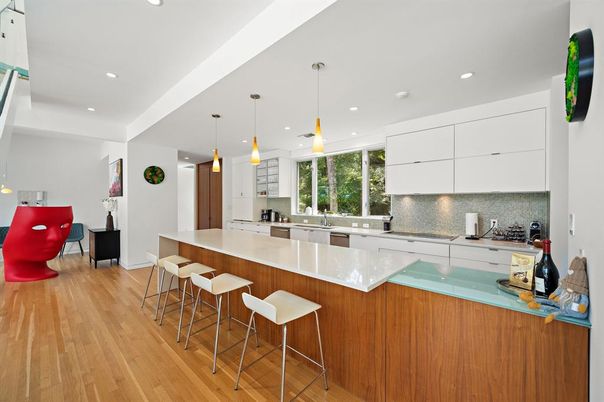 Interior, Kitchen, Pendant Lights, Recessed Lighting, Wood Texture Flooring
