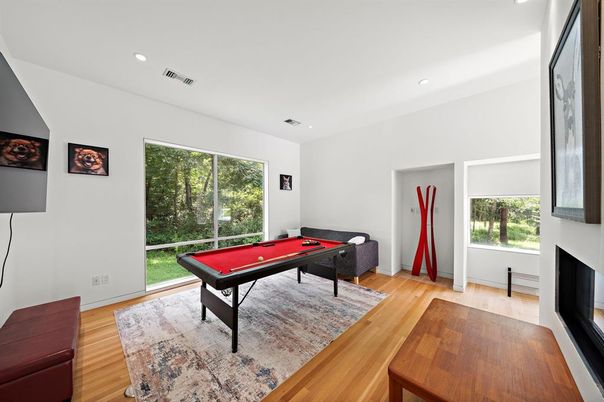 Billiard Table, Fireplace, Game Room, Interior, Recessed Lighting, Wood Texture Flooring