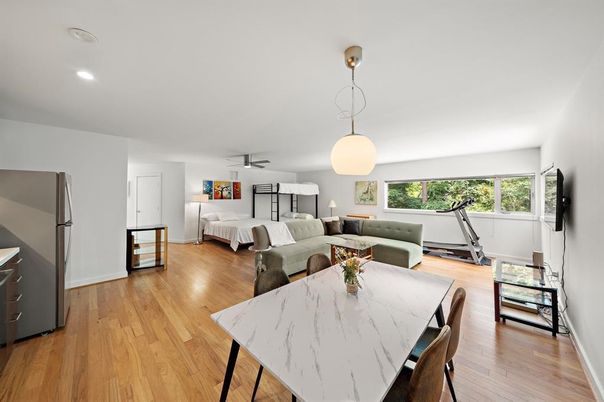 Bedroom, Dining room, Fitness Equipment, Interior, Living room, Pendant Lights, Recessed Lighting, Wood Texture Flooring