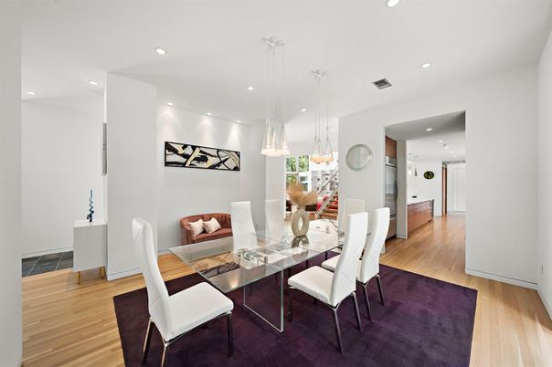 Dining room, Interior, Pendant Lights, Recessed Lighting, Wood Texture Flooring