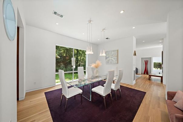 Dining room, Interior, Pendant Lights, Recessed Lighting, Wood Texture Flooring