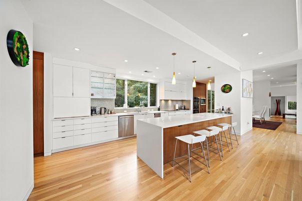 Interior, Kitchen, Pendant Lights, Recessed Lighting, Stainless Steel Appliances, Wood Texture Flooring