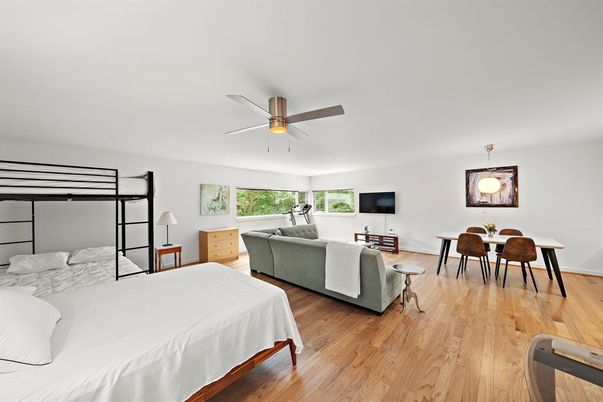 Bedroom, Dining room, Interior, Pendant Lights, Wood Texture Flooring