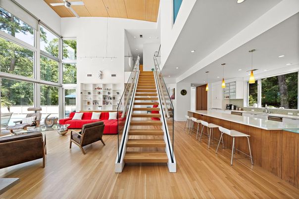 Interior, Kitchen, Living room, Pendant Lights, Recessed Lighting, Wood Texture Flooring