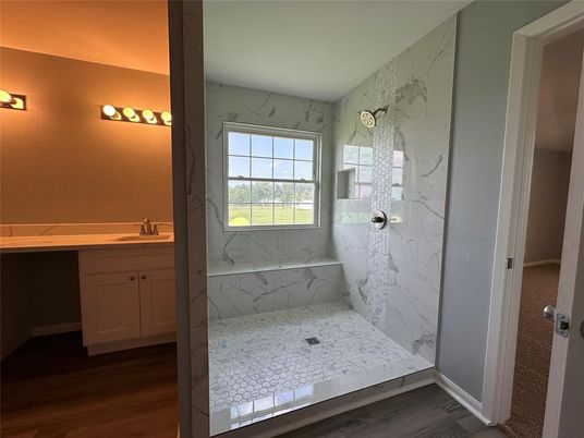 Bathroom, Interior, Marble Walls, Wood Texture Flooring