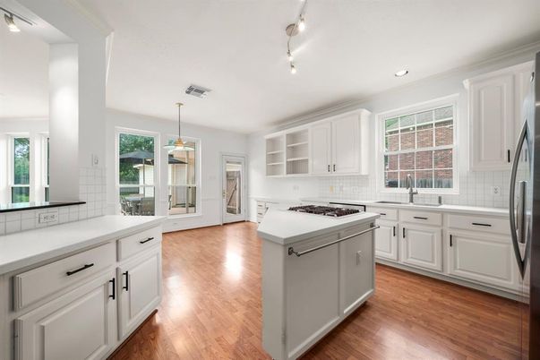 Interior, Kitchen, Pendant Lights, Recessed Lighting, Wood Texture Flooring