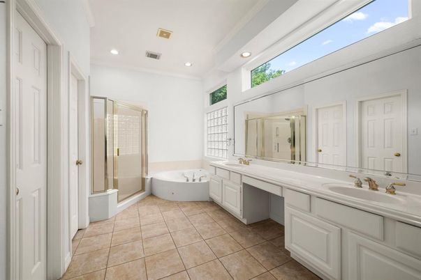 Bathroom, Dual Sink Vanities, Glass Shower, Interior, Recessed Lighting