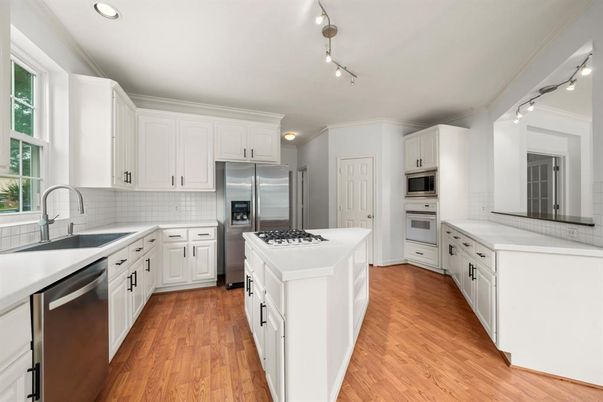 Interior, Kitchen, Recessed Lighting, Stainless Steel Appliances, Wood Texture Flooring