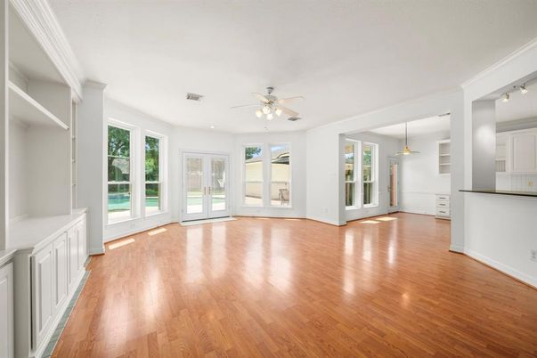 Empty room, Interior, Pendant Lights, Recessed Lighting, Wood Texture Flooring