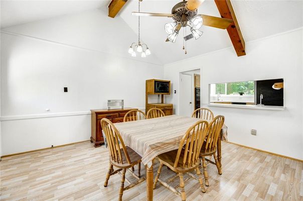 Dining room, Interior, Pendant Lights, Wooden Beams, Wood Texture Flooring