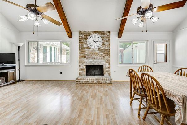 Dining room, Fireplace, Interior, Stone Walls, Wooden Beams, Wood Texture Flooring