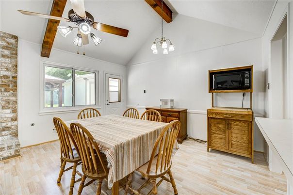 Dining room, Interior, Pendant Lights, Wooden Beams, Wood Texture Flooring