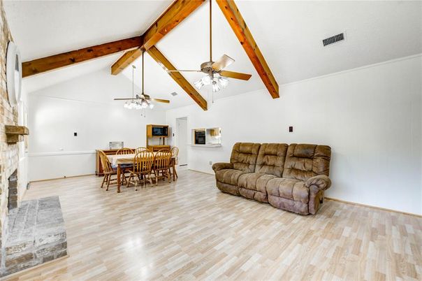 Dining room, Fireplace, Interior, Wooden Beams, Wood Texture Flooring