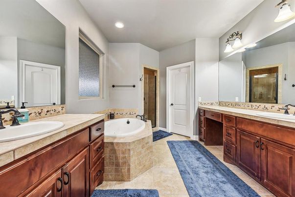 Bathroom, Dual Sink Vanities, Interior, Recessed Lighting, Tile Countertops