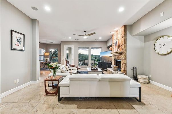 Fireplace, Interior, Living room, Pendant Lights, Recessed Lighting, Stone Walls
