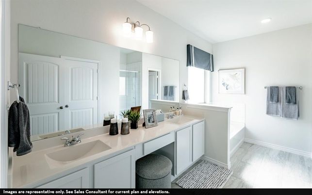 Bathroom, Dual Sink Vanities, Interior, Recessed Lighting, Wood Texture Flooring