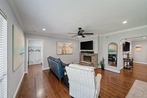 Fireplace, Interior, Living room, Recessed Lighting, Wood Texture Flooring