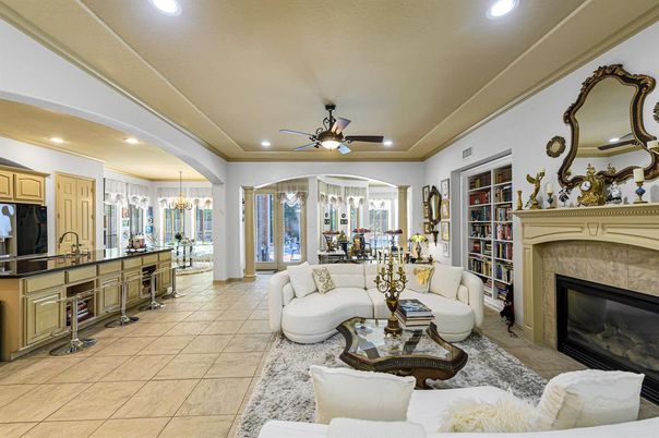 Chandelier, Dining room, Fireplace, Interior, Kitchen, Living room, Pendant Lights, Recessed Lighting