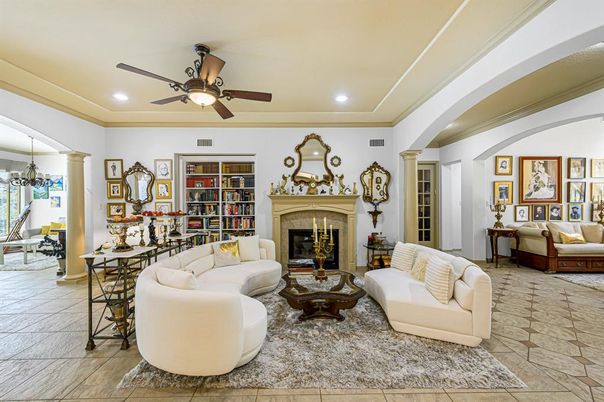 Chandelier, Dining room, Fireplace, Interior, Living room, Recessed Lighting