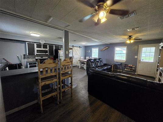 Interior, Kitchen, Living room, Stainless Steel Appliances, Wood Texture Flooring