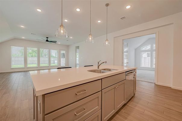 Interior, Kitchen, Pendant Lights, Recessed Lighting, Wood Texture Flooring