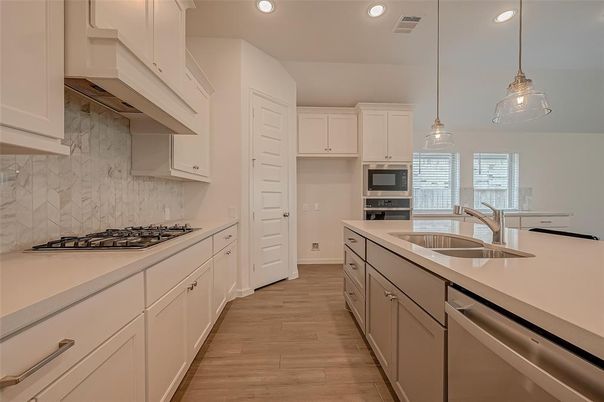 Interior, Kitchen, Pendant Lights, Recessed Lighting, Stainless Steel Appliances, Wood Texture Flooring