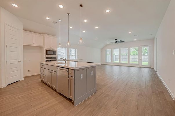 Interior, Kitchen, Pendant Lights, Recessed Lighting, Wood Texture Flooring