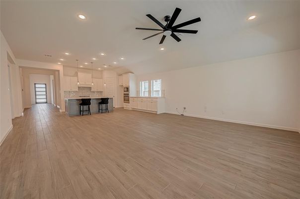 Empty room, Interior, Kitchen, Pendant Lights, Recessed Lighting, Wood Texture Flooring