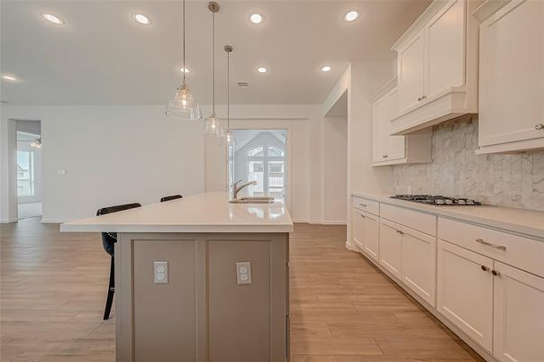 Interior, Kitchen, Marble Walls, Pendant Lights, Recessed Lighting, Wood Texture Flooring