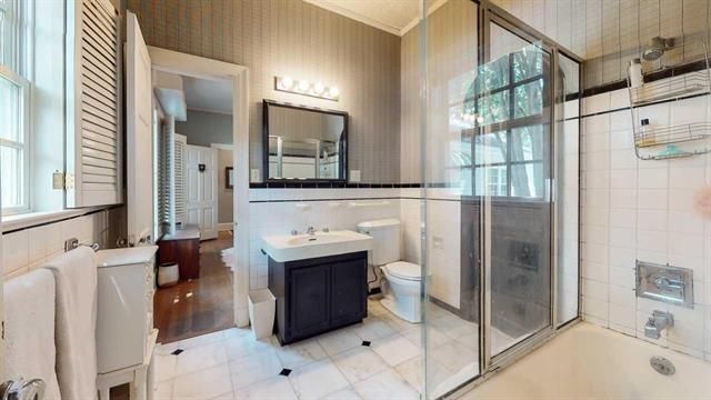 Bathroom, Glass Shower, Interior, Wood Texture Flooring