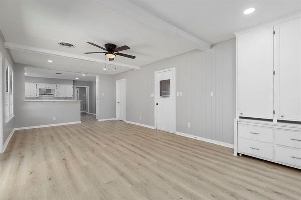Empty room, Interior, Kitchen, Recessed Lighting, Wood Texture Flooring