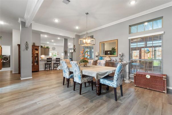 Dining room, Interior, Pendant Lights, Recessed Lighting, Wood Texture Flooring