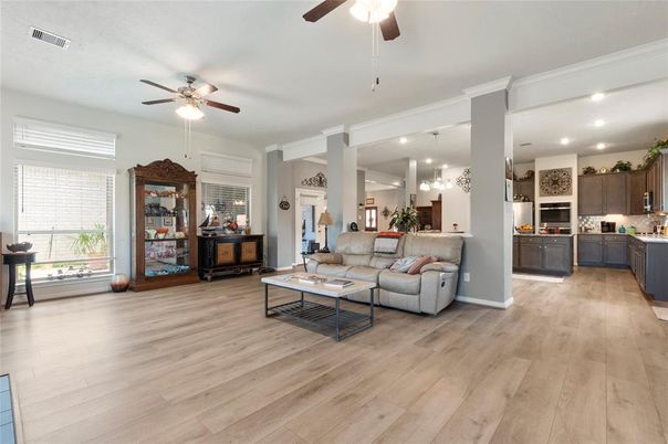 Interior, Kitchen, Living room, Recessed Lighting, Wood Texture Flooring