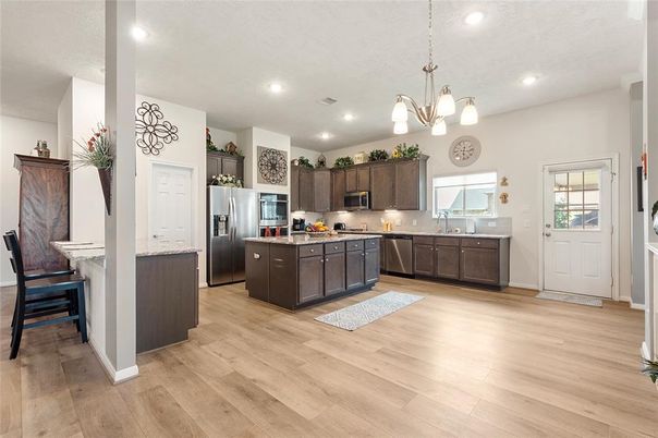 Interior, Kitchen, Pendant Lights, Recessed Lighting, Stainless Steel Appliances, Wood Texture Flooring