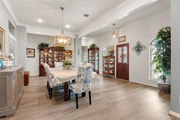 Dining room, Interior, Pendant Lights, Recessed Lighting, Wood Texture Flooring