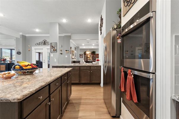 Interior, Kitchen, Recessed Lighting, Stainless Steel Appliances, Wood Texture Flooring