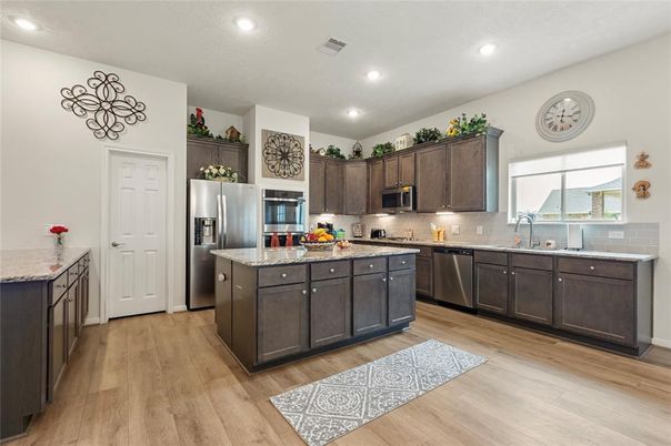 Interior, Kitchen, Recessed Lighting, Stainless Steel Appliances, Wood Texture Flooring