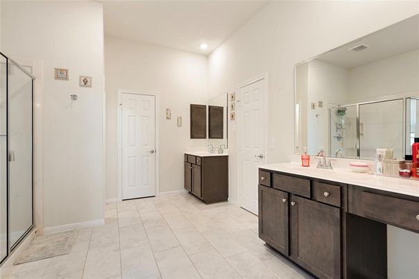 Bathroom, Dual Sink Vanities, Glass Shower, Interior, Recessed Lighting