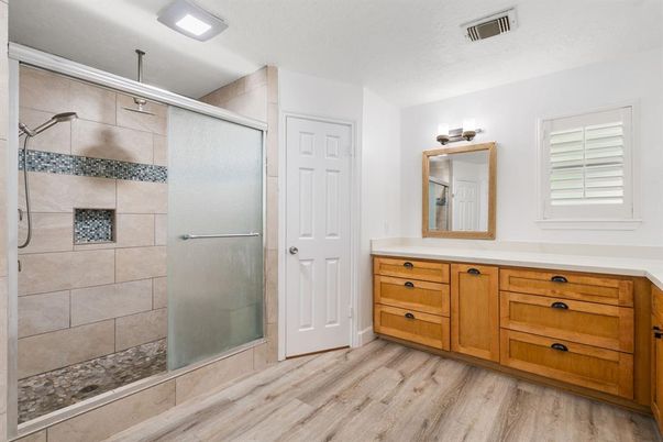 Bathroom, Glass Shower, Interior, Wood Texture Flooring
