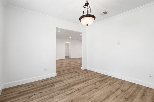 Empty room, Interior, Pendant Lights, Recessed Lighting, Wood Texture Flooring