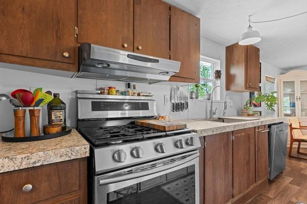 Interior, Kitchen, Stainless Steel Appliances, Wood Texture Flooring