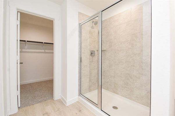 Bathroom, Glass Shower, Interior, Walk-in Closets, Wood Texture Flooring
