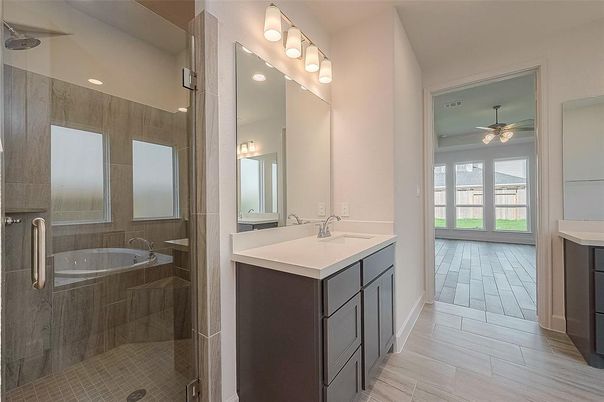 Bathroom, Dual Sink Vanities, Glass Shower, Interior, Recessed Lighting